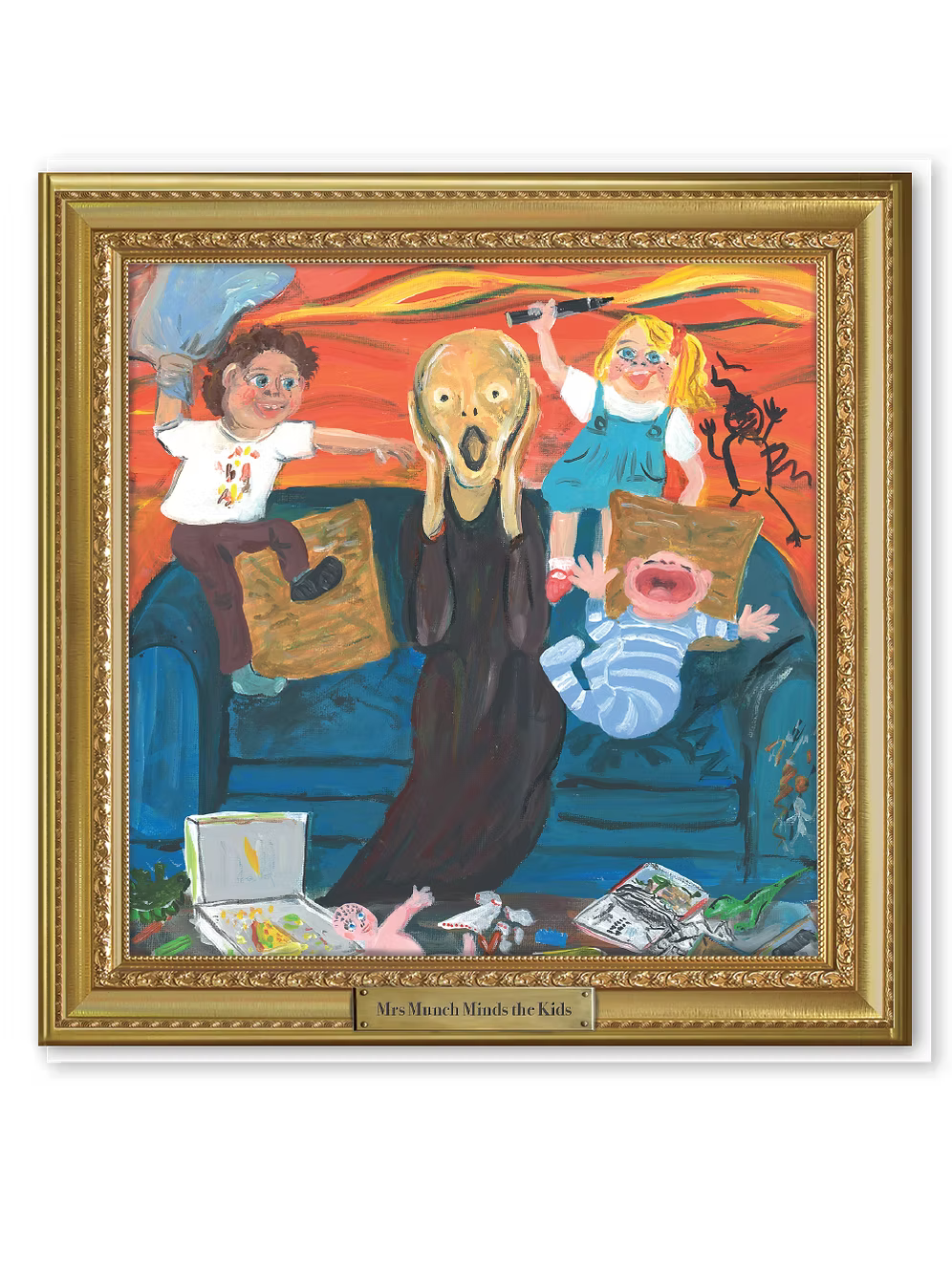 Greeting card of a framed artwork of a woman with children on a couch, with the text 'Mrs Munch Minds The Kids'.