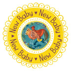 A circular yellow and white wreath with scalloped edges, featuring the words 'New Baby' repeated around the border and a colorful illustration of a family of chickens in the center.
