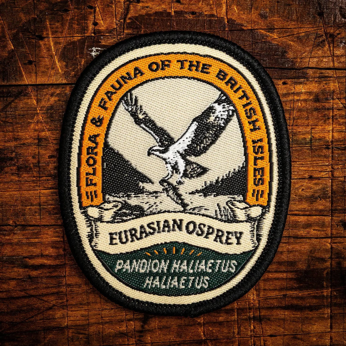 An oval embroidered patch featuring a Eurasian osprey in flight, with the text 'FLORA & FAUNA OF THE BRITISH ISLES' and 'EURASIAN OSPREY' on a rustic wooden background.