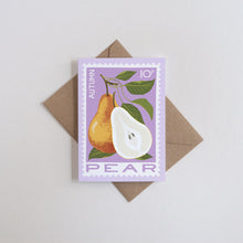 Mini greetings card featuring illustration of a pear in the style of a postage stamp with a lilac background and brown kraft envelope.
