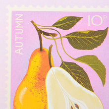 Close-up of a pear illustration on a pink background in the style of a vintage stamp.