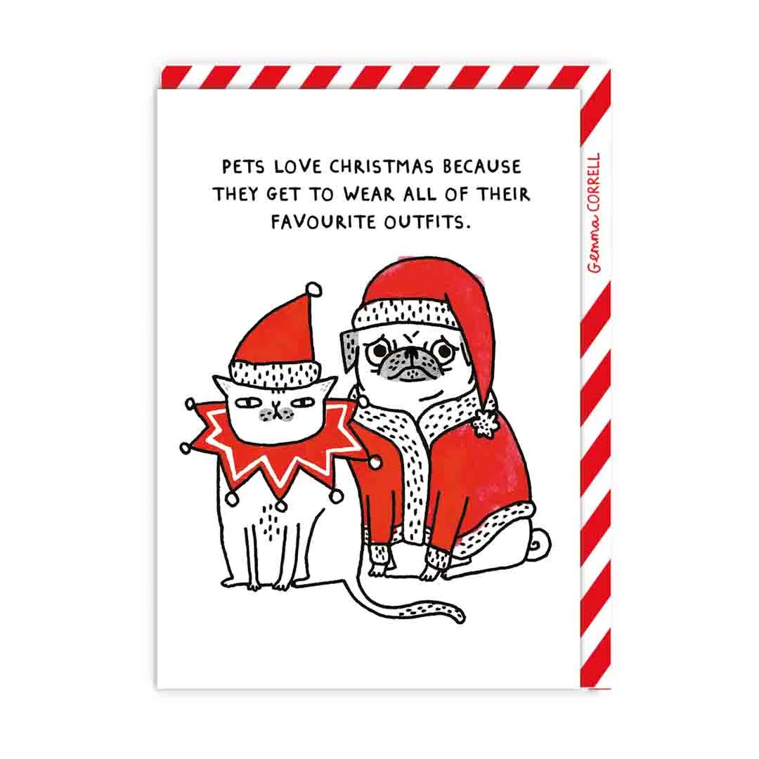 Cartoon of a cat and dog in Christmas outfits with humorous text about 'pets love Christmas because they get to wear all of their favourite outfits.'