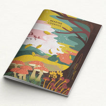A reading logbook featuring a colourful illustrated forest cover with red mushrooms, yellow leaves, a tree trunk, and the words 'READING LOGBOOK' on the front, photographed on a light neutral background.