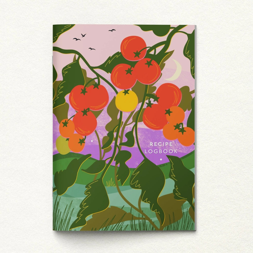 Recipe logbook cover with tomato illustration on a white background