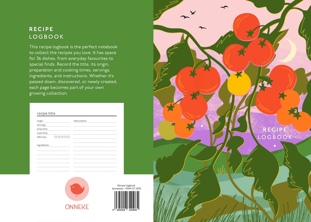 Front and back cover of a recipe logbook  with an illustration of growing tomatoes on the front cover and an example of page layout on the back cover,