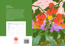 Front and back cover of a recipe logbook  with an illustration of growing tomatoes on the front cover and an example of page layout on the back cover,