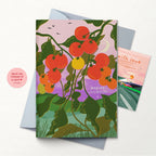 Recipe logbook with tomato design on a white background with grey envelope and small greeting card.