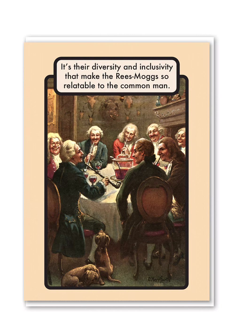 Vintage-style illustration of a group of people at a table with a humorous quote about Rees-Mogg's relatability.