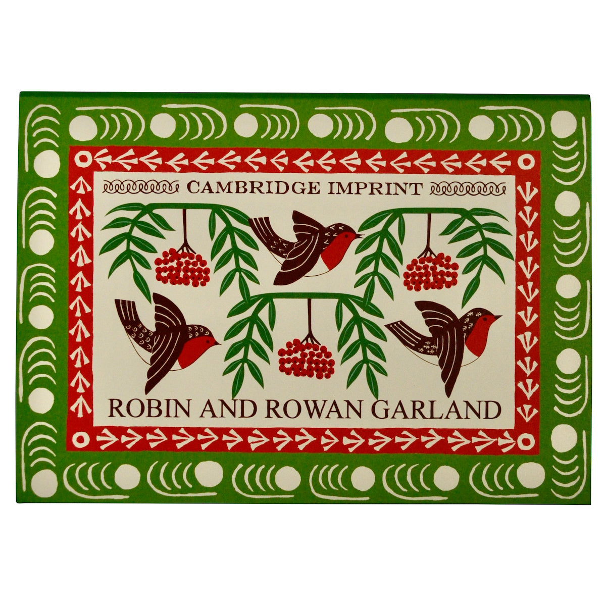 Packaging of Robin and rowan garland by Cambridge Imprint in red brown and green