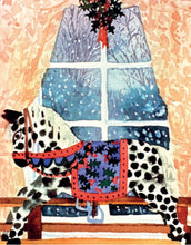 A spotty rocking horse sits in front of a window decorsted with a holly wreath A snowy garden scene appears outside.