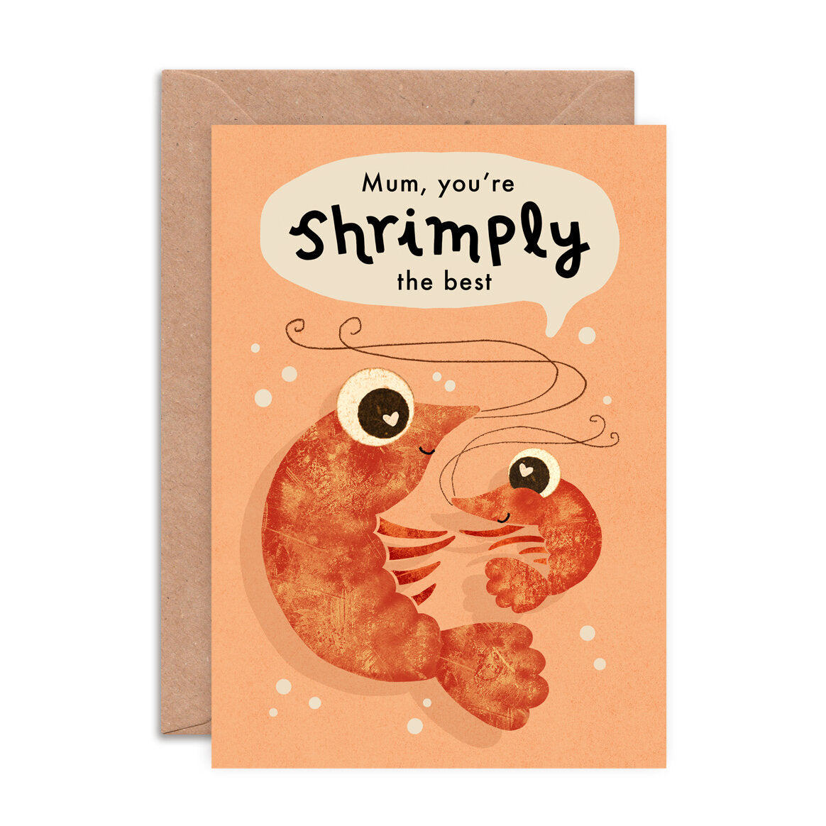 Greeting card with a shrimp illustration and text on an orange background