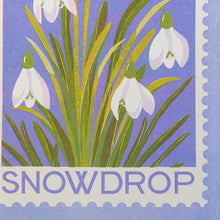 Close up of risograph printed design featuring white snowdrops with green and yellow-green leaves on a lavender background, with the word "SNOWDROP" printed along the bottom edge.