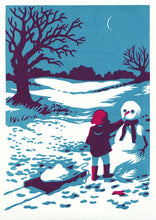 A stylized winter scene print showing a child in a red hood building a snowman, with bare trees, a snowy field, and a blue sky. The artwork uses a limited palette of blue, purple, white, and dark red.