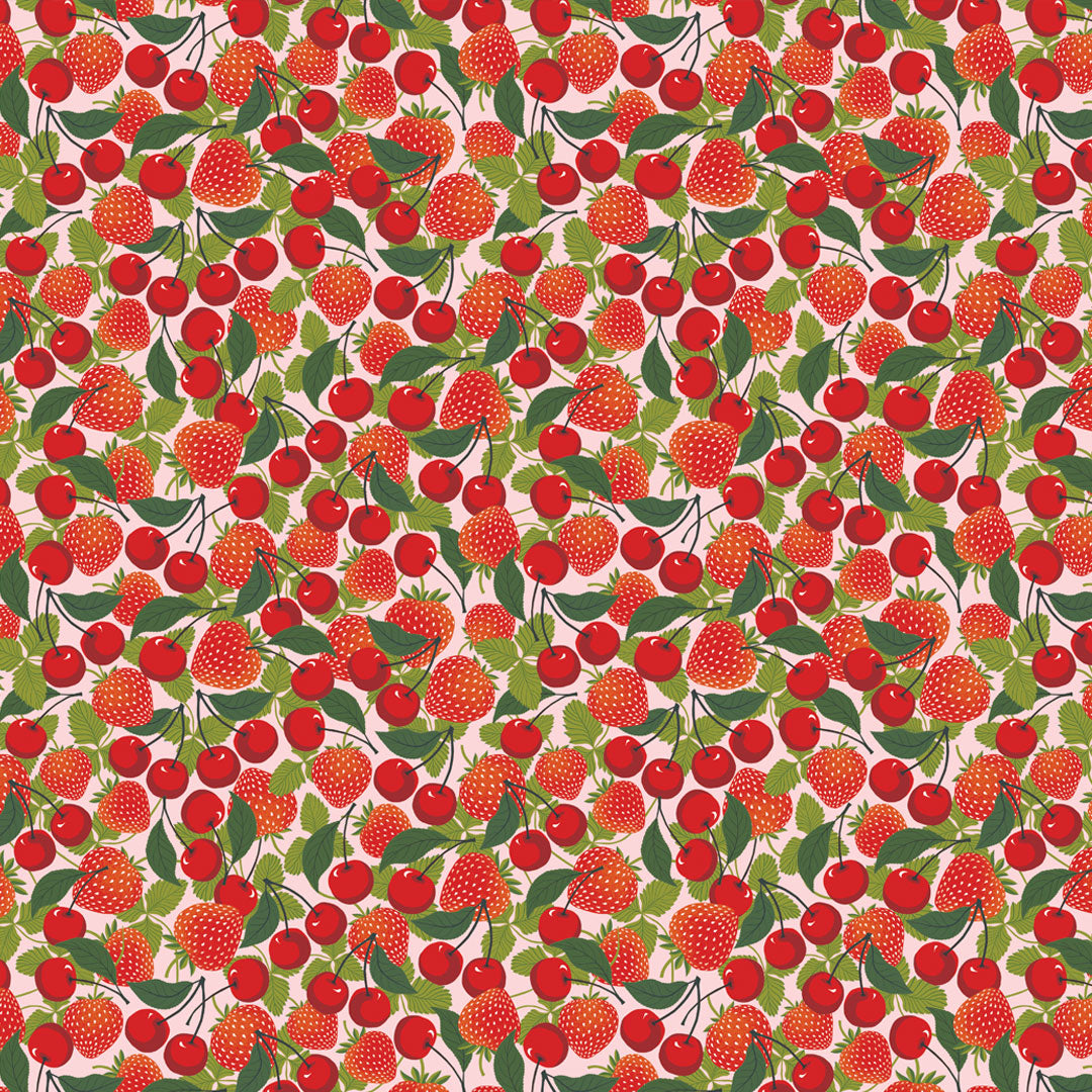 Detail of wrapping paper with strawberry and cherry all over pattern in shades of red.