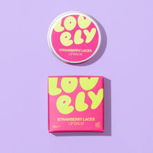 Lovely Skincare's strawberry laces lip balm tin and boxed packaging on a purple background