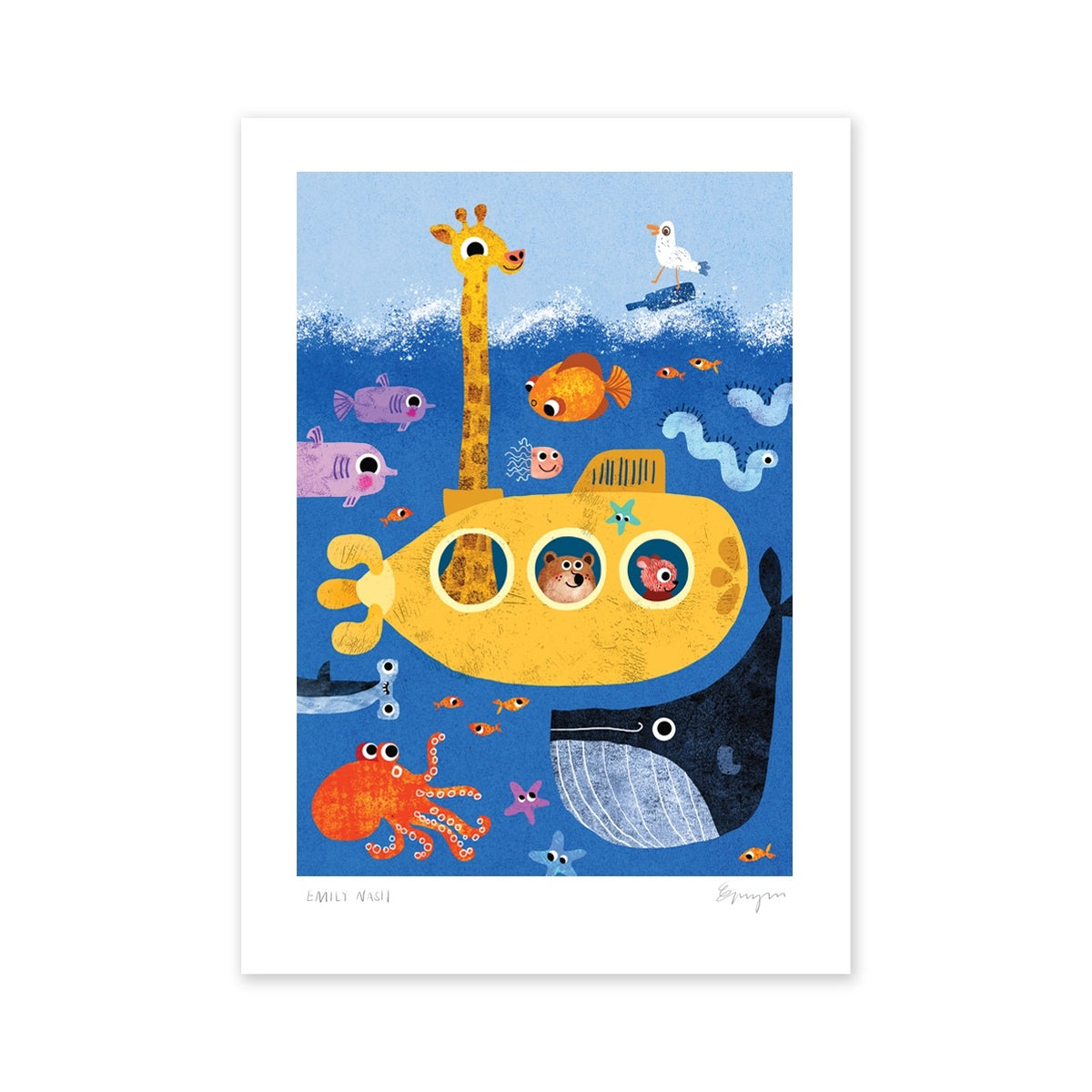 Children's illustration of a yellow submarine with animals on a blue background