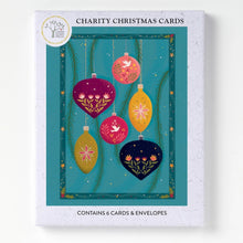 6 Charity Christmas Cards boxed featuring an illustration of colorful vintage hanging Christmas ornaments on a teal background.