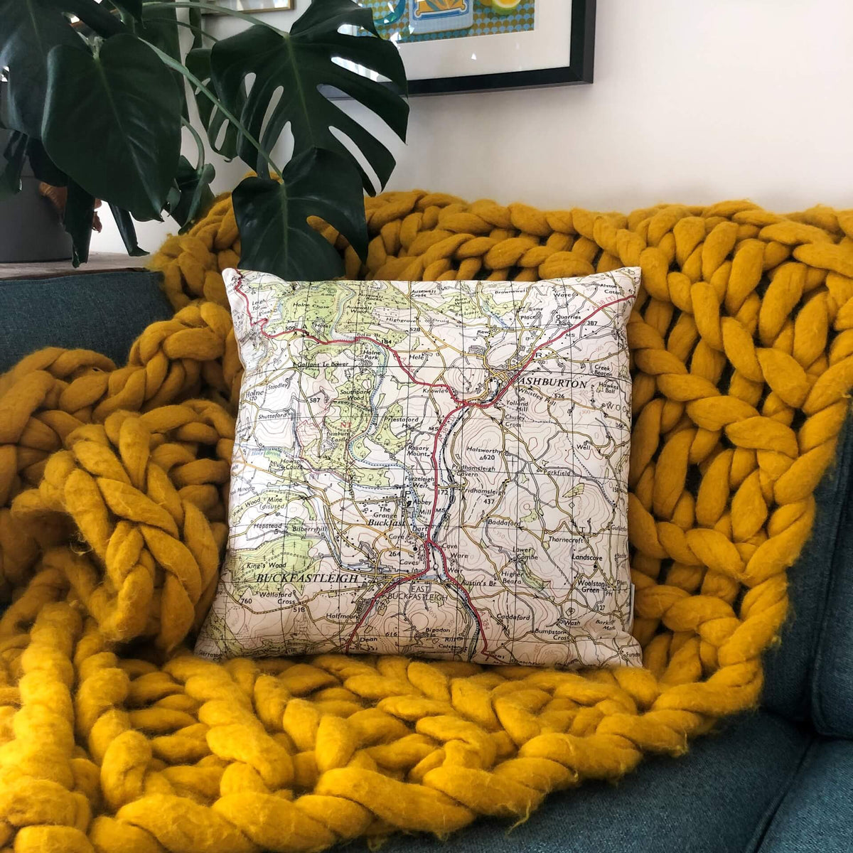 Square Vintage Map Cushion - Ashburton and Buckfastleigh, Devon