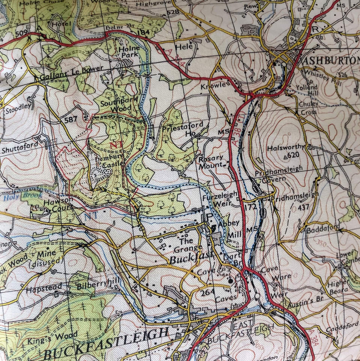 Square Vintage Map Cushion - Ashburton and Buckfastleigh, Devon