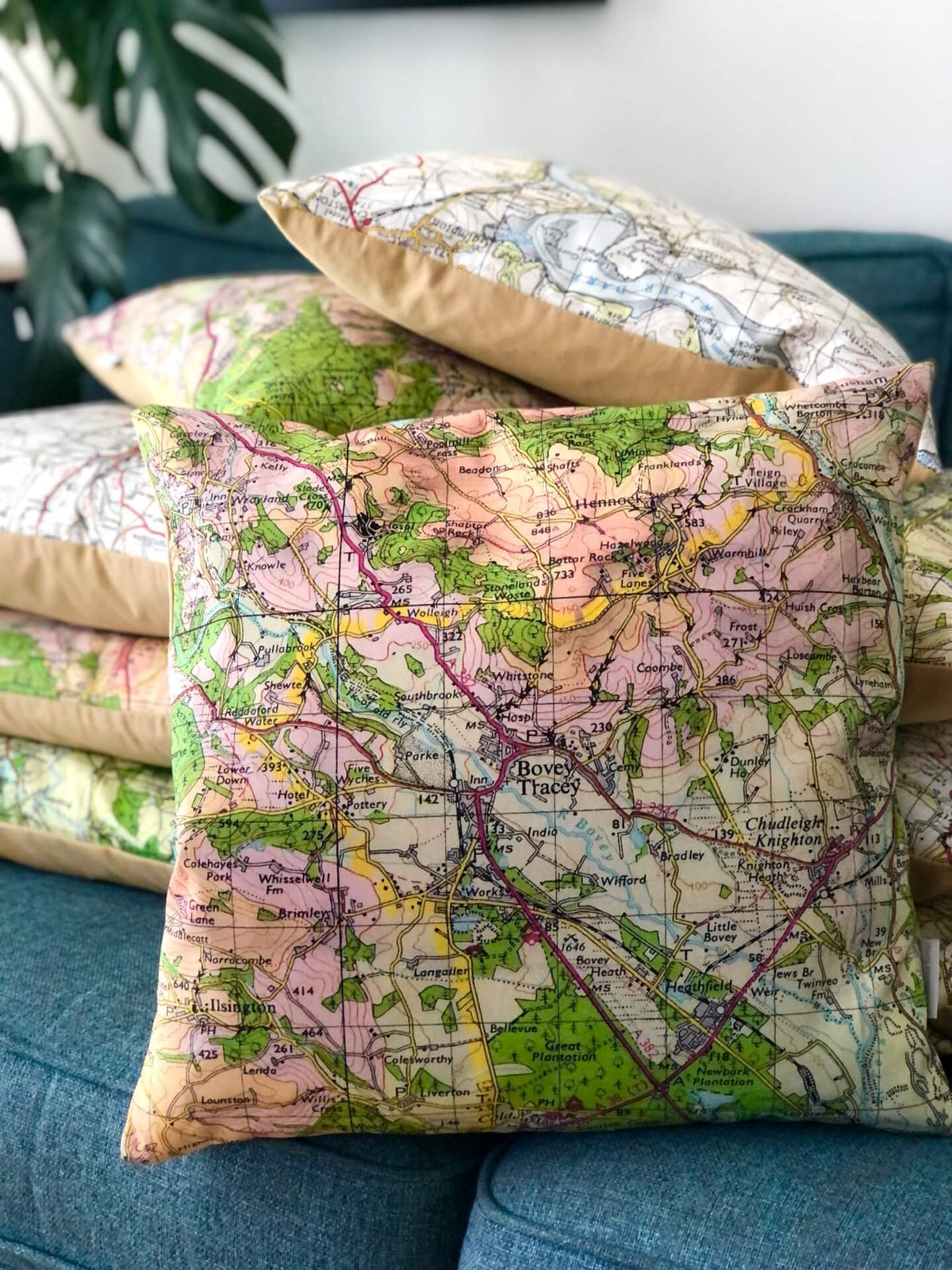 Square Vintage Map Cushion - Bovey Tracey, Devon