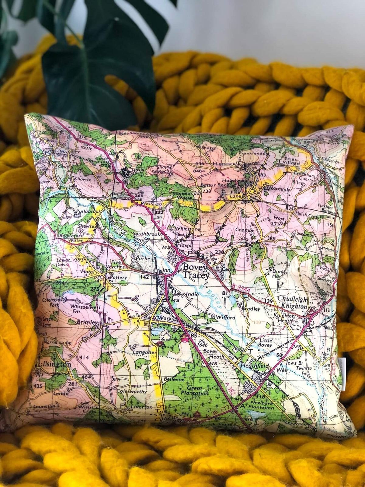 Square Vintage Map Cushion - Bovey Tracey, Devon