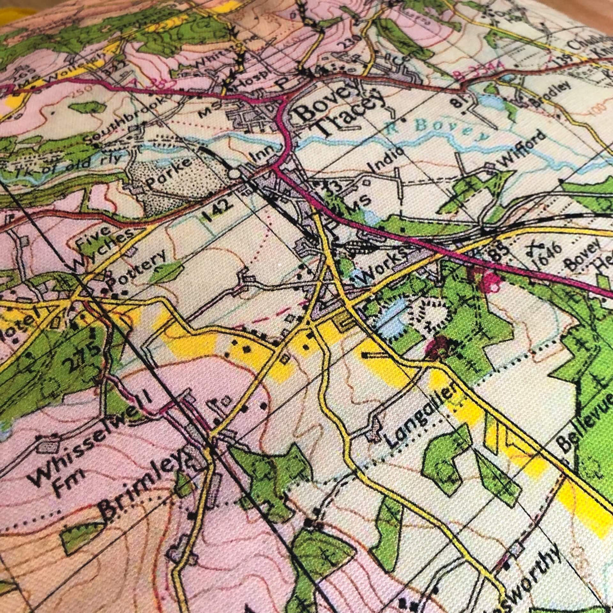 Square Vintage Map Cushion - Bovey Tracey, Devon