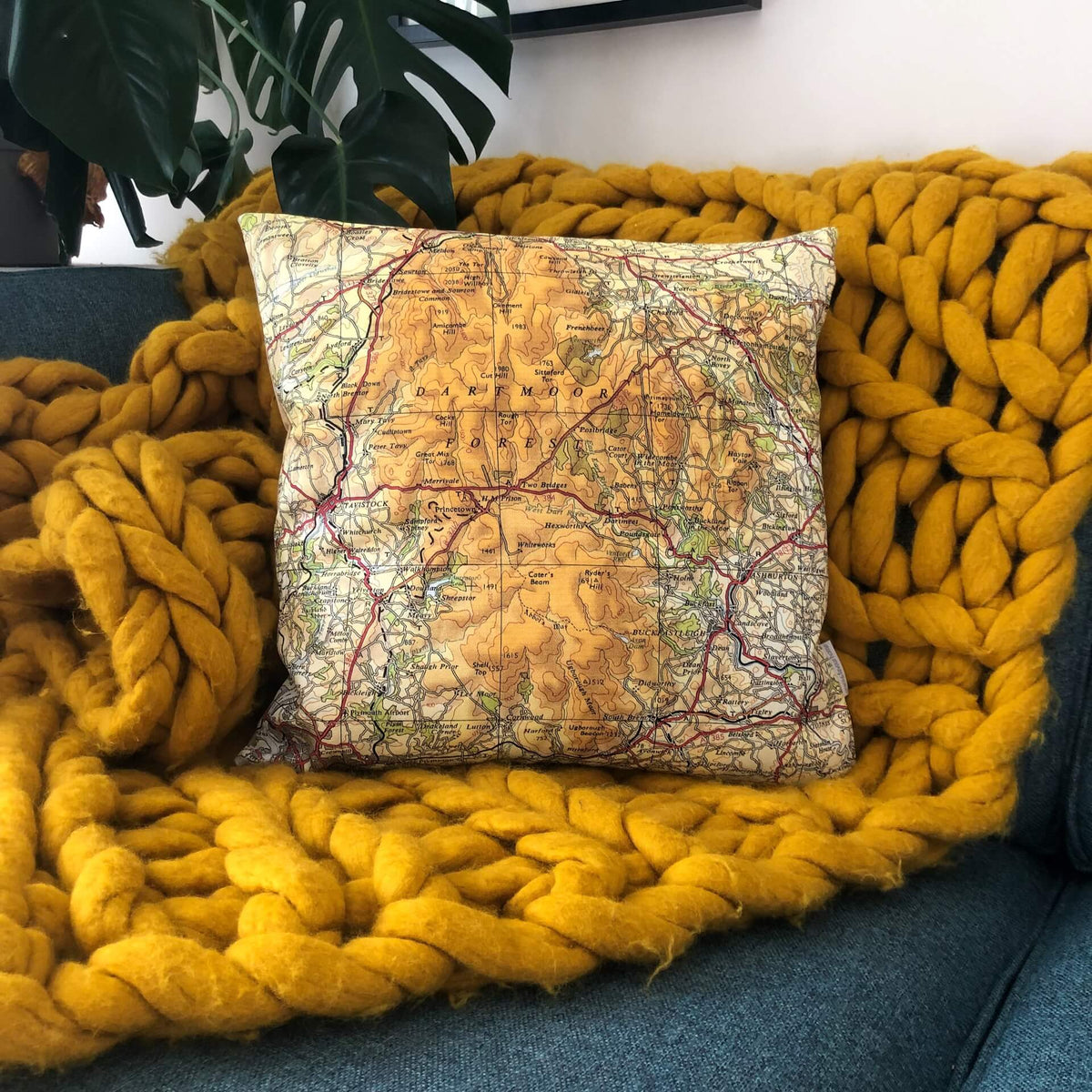 Square Vintage Map Cushion - Dartmoor, Devon