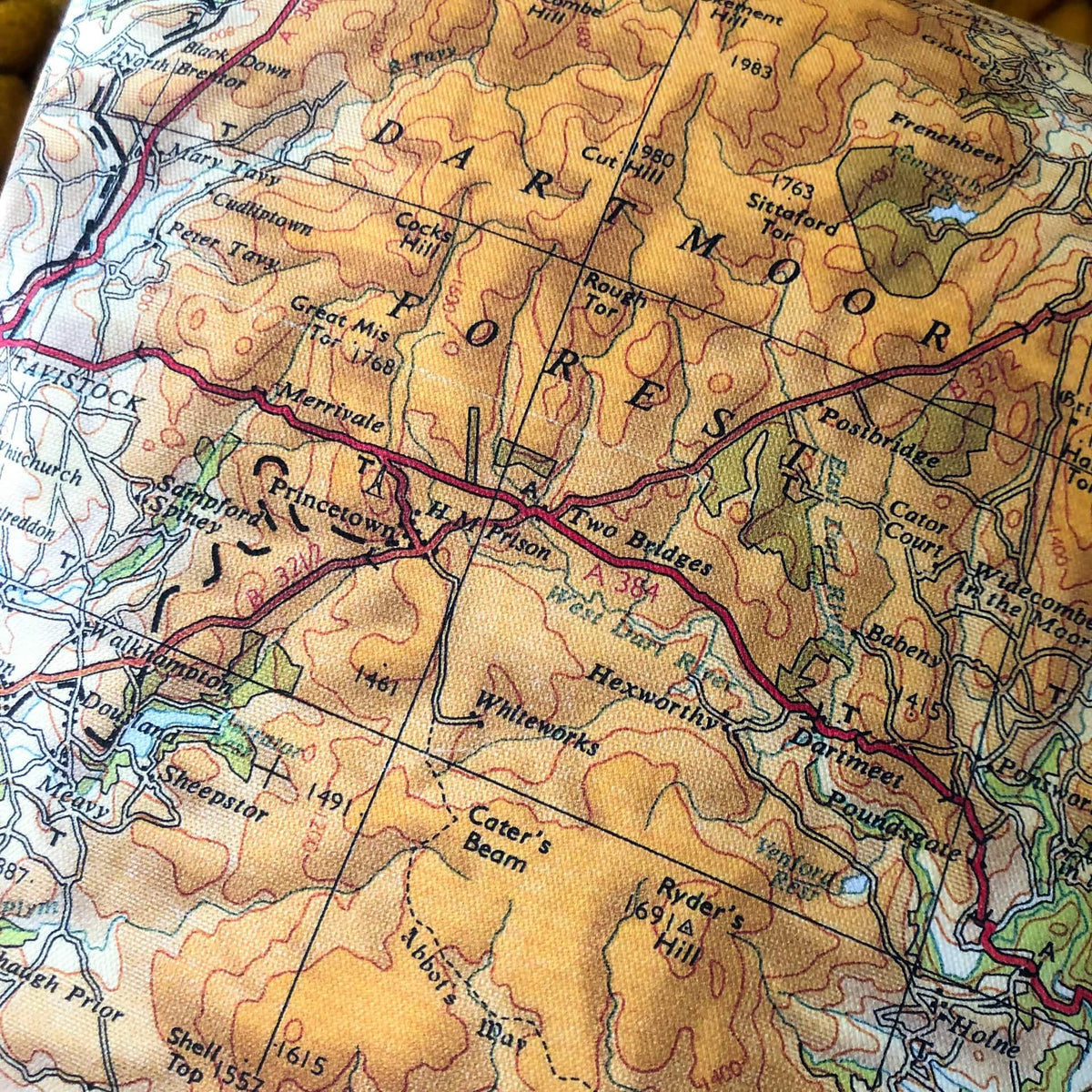 Square Vintage Map Cushion - Dartmoor, Devon