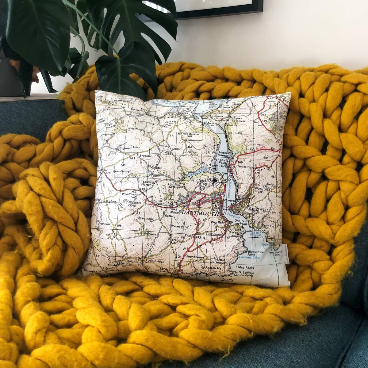 Square Vintage Map Cushion - Dartmouth, Devon