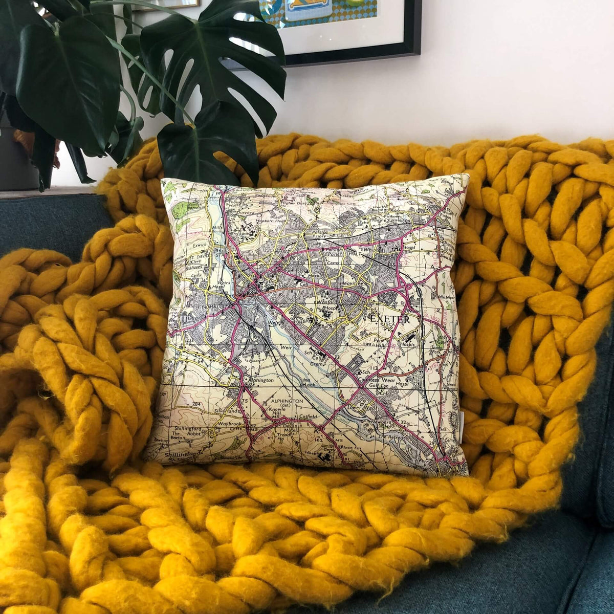 Square Vintage Map Cushion - Exeter, Devon