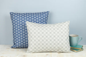 Square Geometric Blue and White Karin Print Cushion