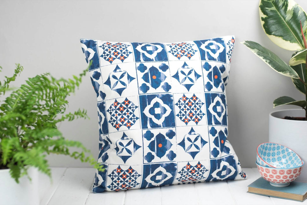 Square Blue, White and Orange Mediterranean Tile Style Marisol Cushion