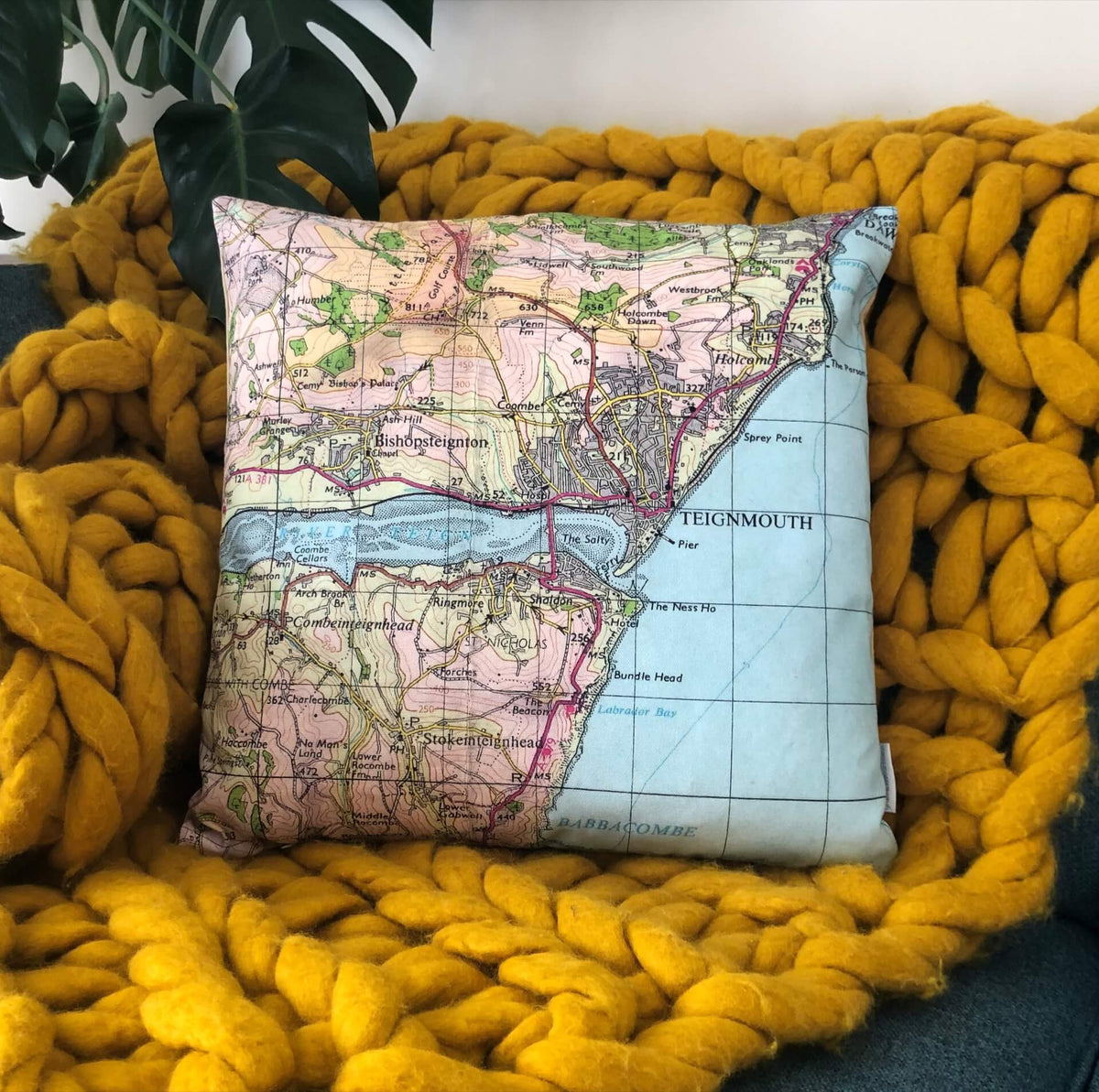 Square Vintage Map Cushion - Teignmouth, Devon